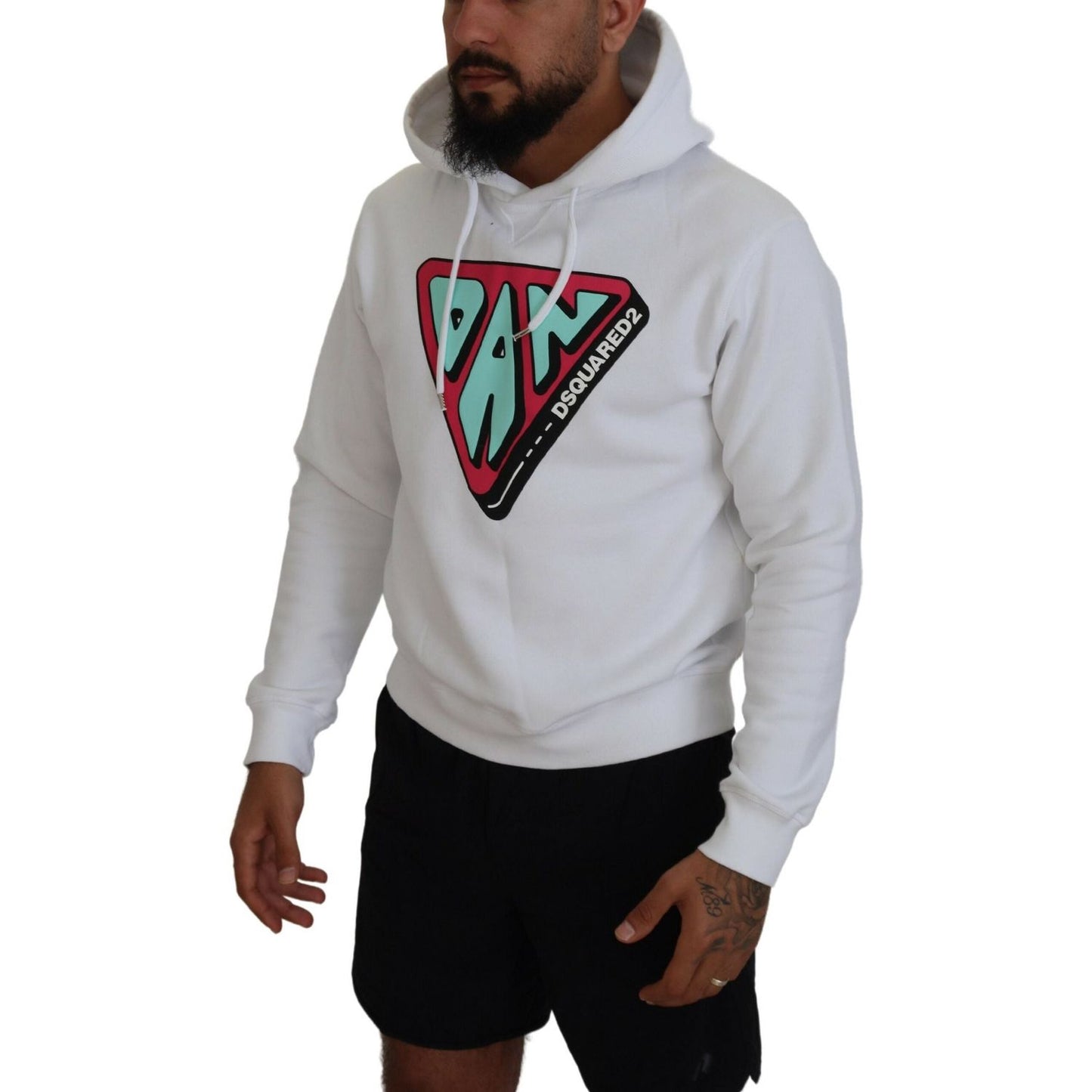 Dsquared² White Cotton Hooded Printed Pullover Sweater Dsquared² Dark Gray