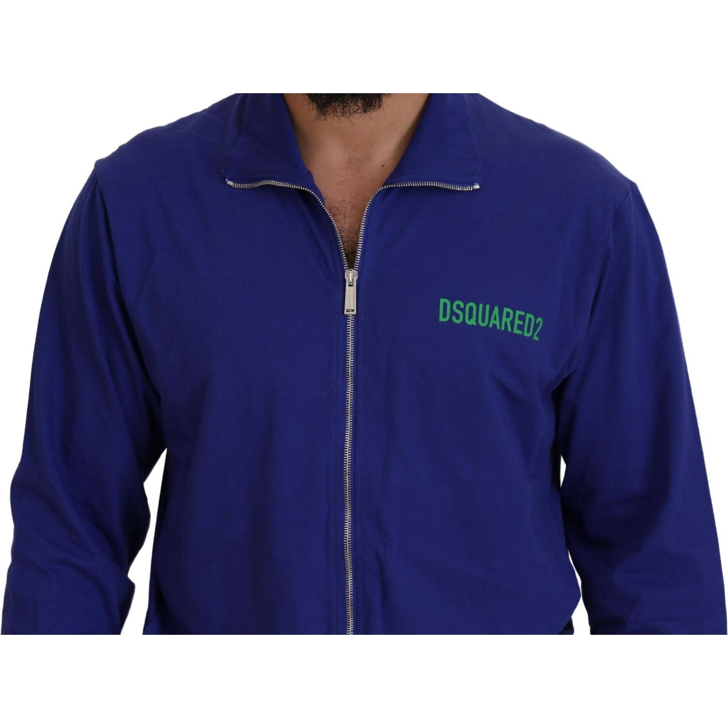 Dsquared² Blue Cotton Printed Collared Men Full Zip Sweater Dsquared² Midnight Blue