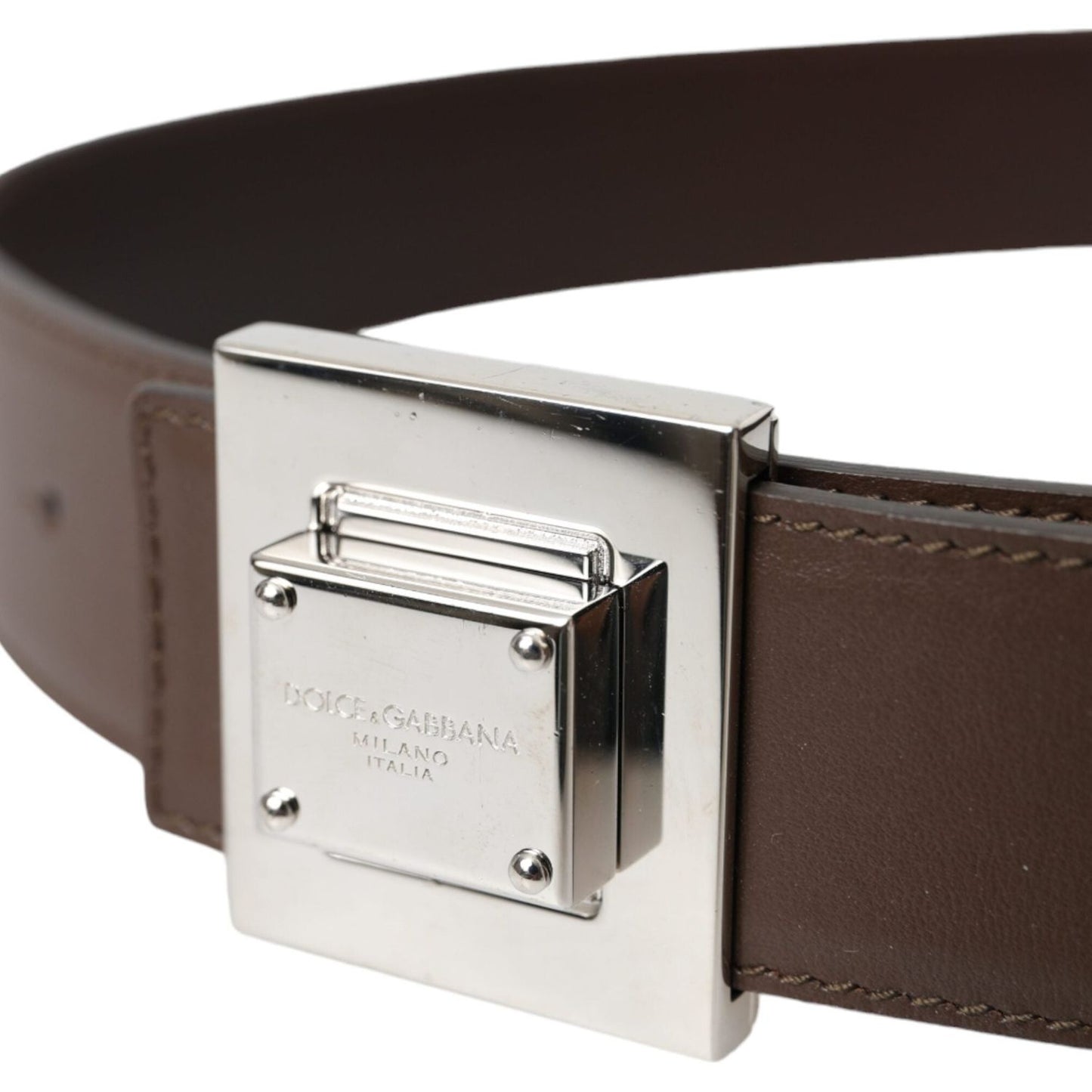 Dolce & Gabbana Brown Calf Leather Square Metal Buckle Belt Dolce & Gabbana Light Gray