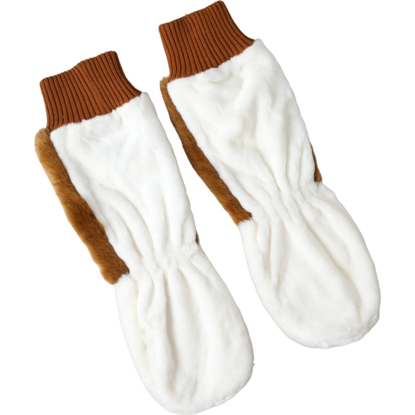 Dolce & Gabbana Brown White Acrylic Knitted Fur Mitten Gloves Dolce & Gabbana Beige
