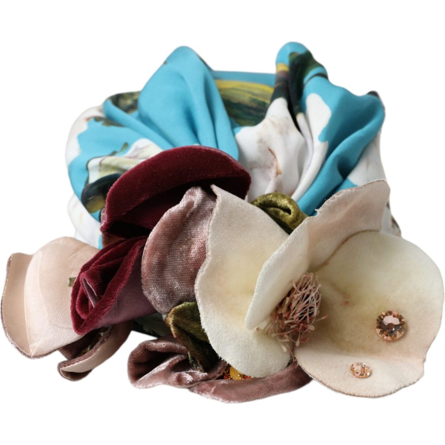 Dolce & Gabbana blue floral motif turban head hat for women made from silk and elastane, featuring elegant floral embellishments.