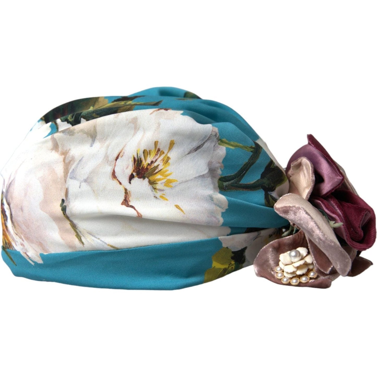 Dolce & Gabbana Blue Floral Motif Silk Turban Head Wrap Hat for Women