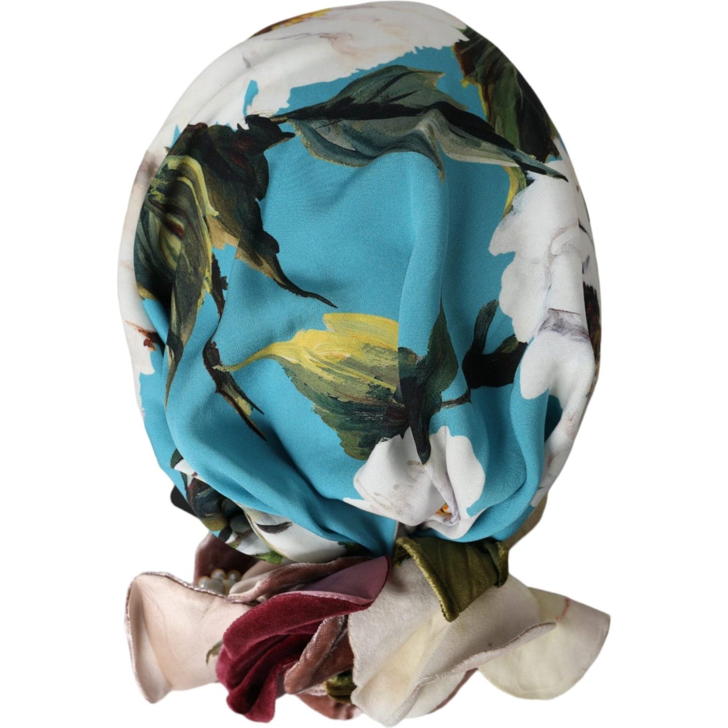 Dolce & Gabbana women's blue floral motif silk turban hat, made in Italy, featuring a luxurious design with logo details.
