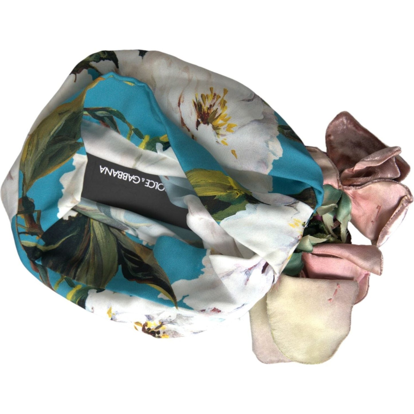 Dolce & Gabbana blue floral silk turban hat for women with logo details, made in Italy.