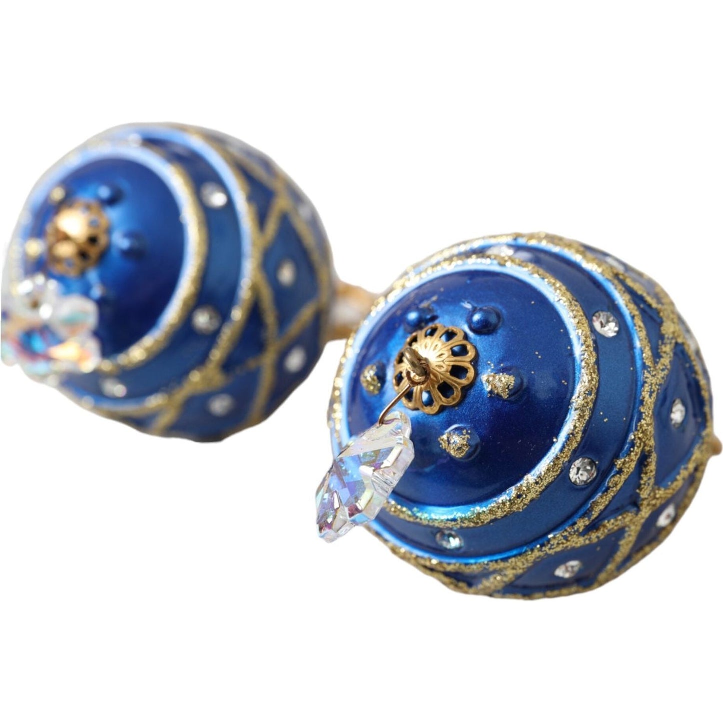Dolce & Gabbana Gold Brass Blue Dangle Christmas Ball Crystal Clip On Earrings Earrings Dolce & Gabbana Dark Slate Blue