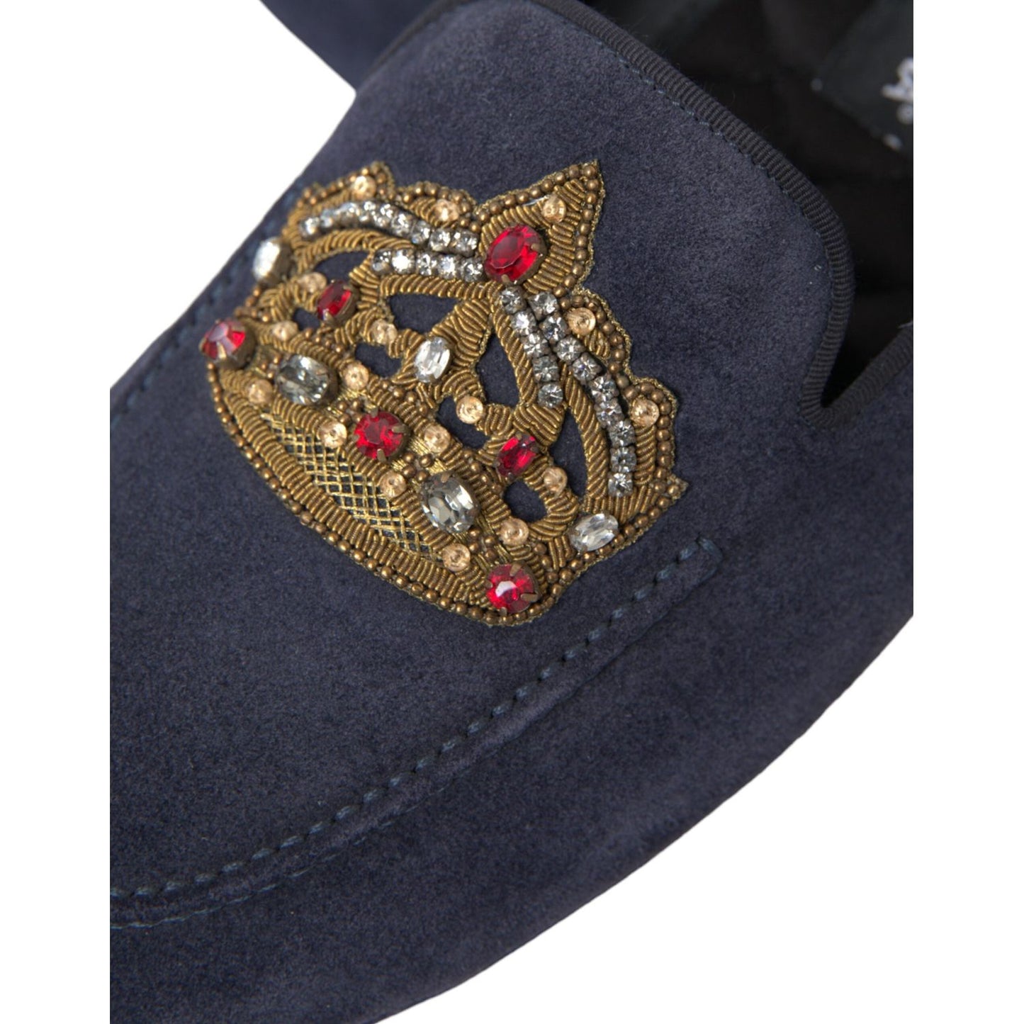 Dolce & Gabbana Blue Leather Suede Crystal Crown Loafers Shoes Dolce & Gabbana Dark Slate Gray