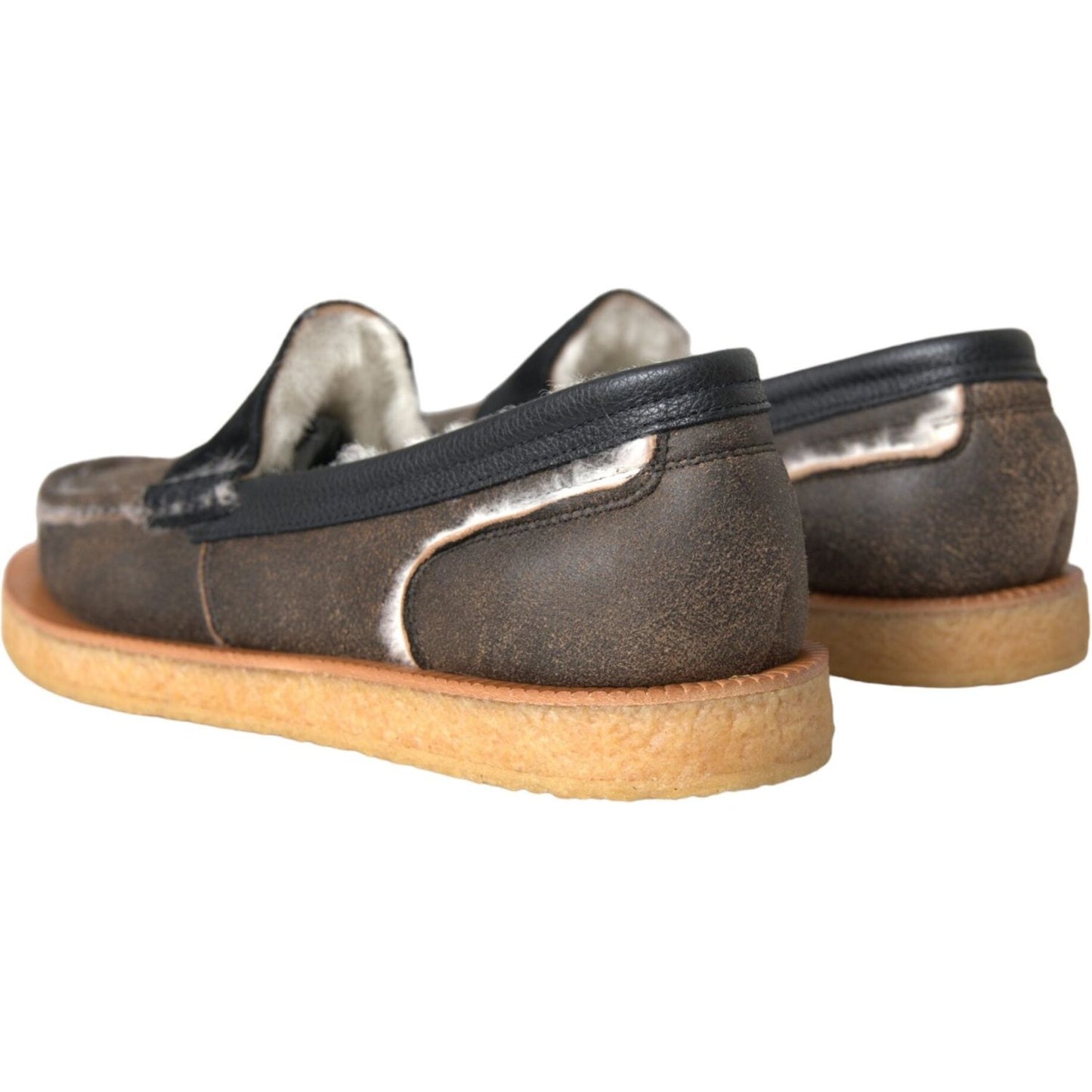 Dolce & Gabbana Brown Black Fur Leather Loafers Men Shoes Dolce & Gabbana Dark Olive Green