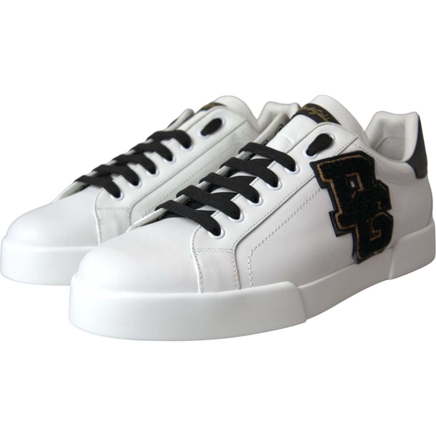 Dolce & Gabbana white leather low top sneakers with black DG logo, lace-up closure, rubber sole, made in Italy.