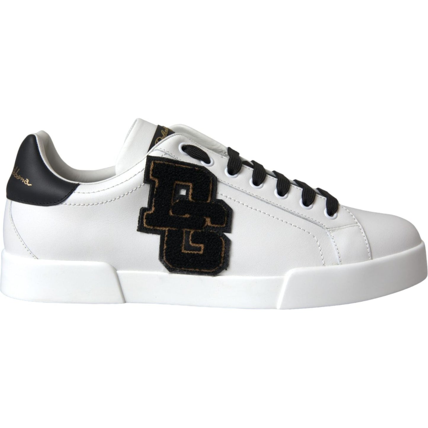 Dolce & Gabbana white leather low top sneakers with black DG logo, featuring black lace-up closure and rubber sole, made in Italy.
