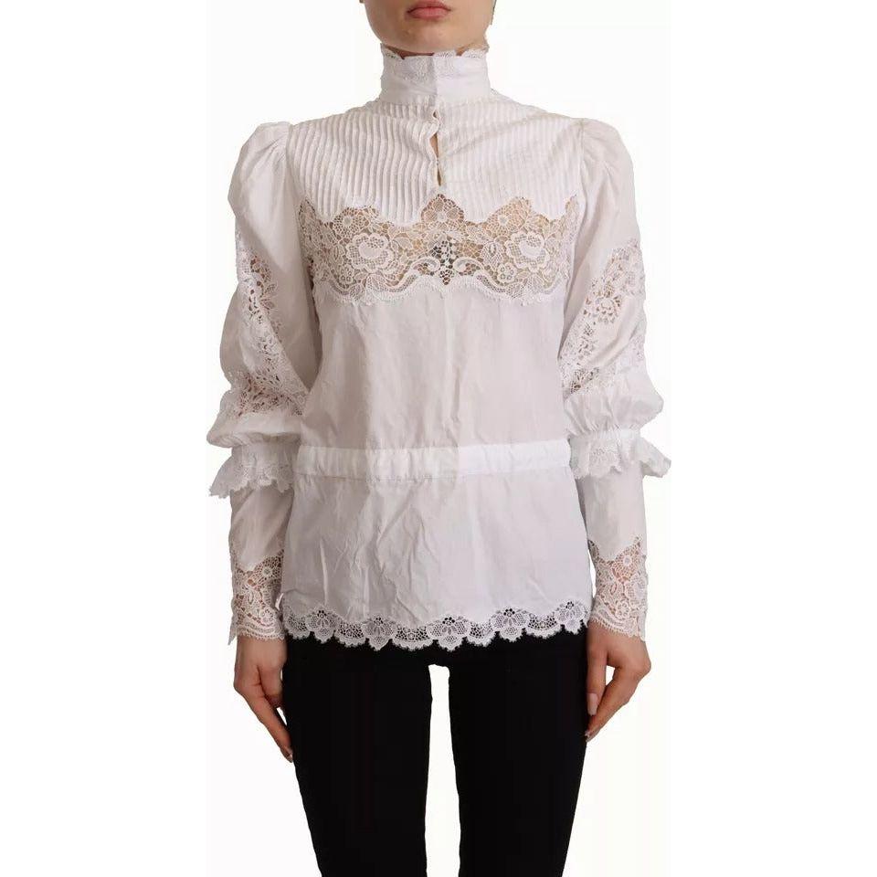 Dolce & Gabbana White Cotton Lace Trim Turtle Neck Blouse Top TSH7468-40