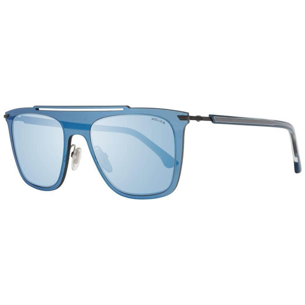 Police Blue Men's Sunglasses, mirrored blue plastic lenses, rectangular frame, 100% UVA & UVB protection, sleek design, size 52-20-145
