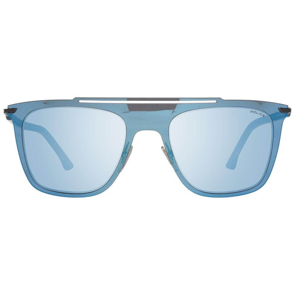 Police Blue Men Sunglasses, rectangle style with mirrored lenses, blue plastic frame, 100% UVA & UVB protection, size 52-20-145.