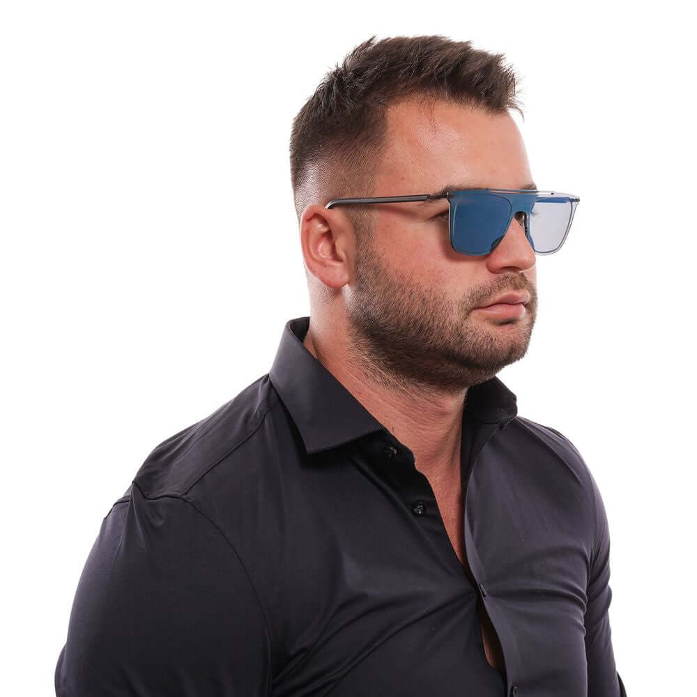 Man wearing blue mirrored rectangle sunglasses with blue plastic frame and black shirt