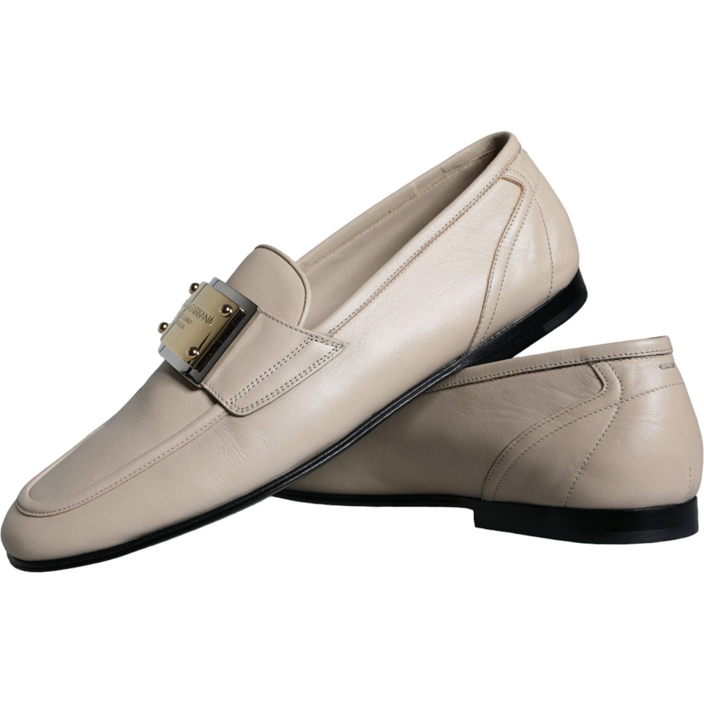Dolce & Gabbana Beige Leather Logo Plaque Slip On Men Loafers Shoes Dolce & Gabbana Dark Gray