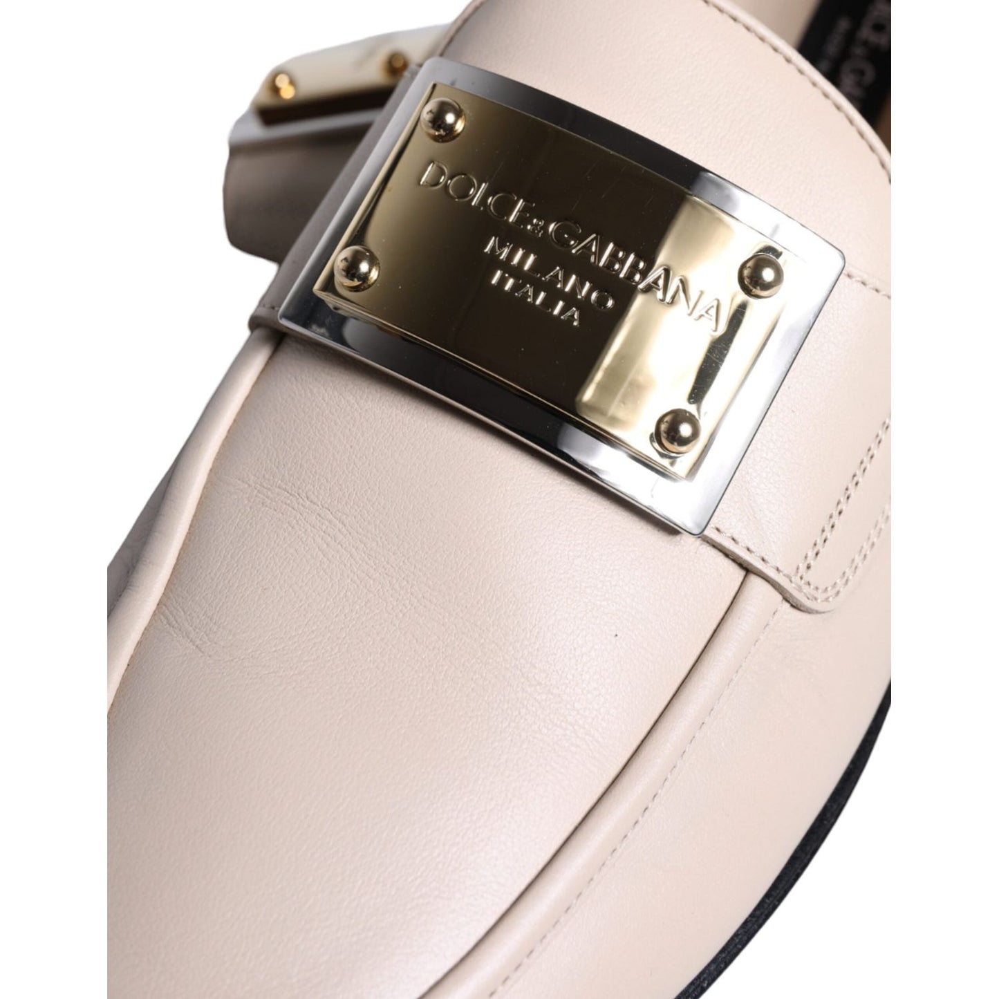 Dolce & Gabbana Beige Leather Logo Plaque Slip On Men Loafers Shoes Dolce & Gabbana Light Gray