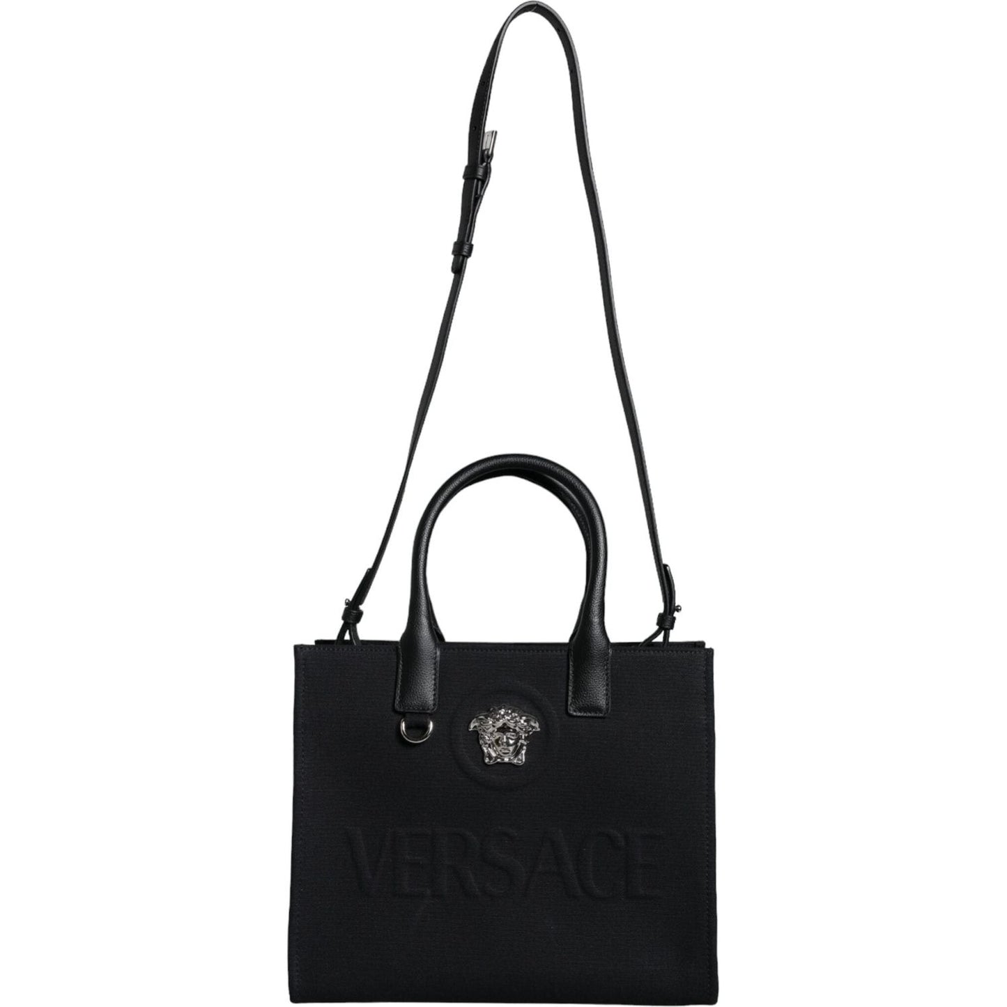 Versace Black Top Handle Canvas Leather Logo Crossbody Tote Bag Versace Black