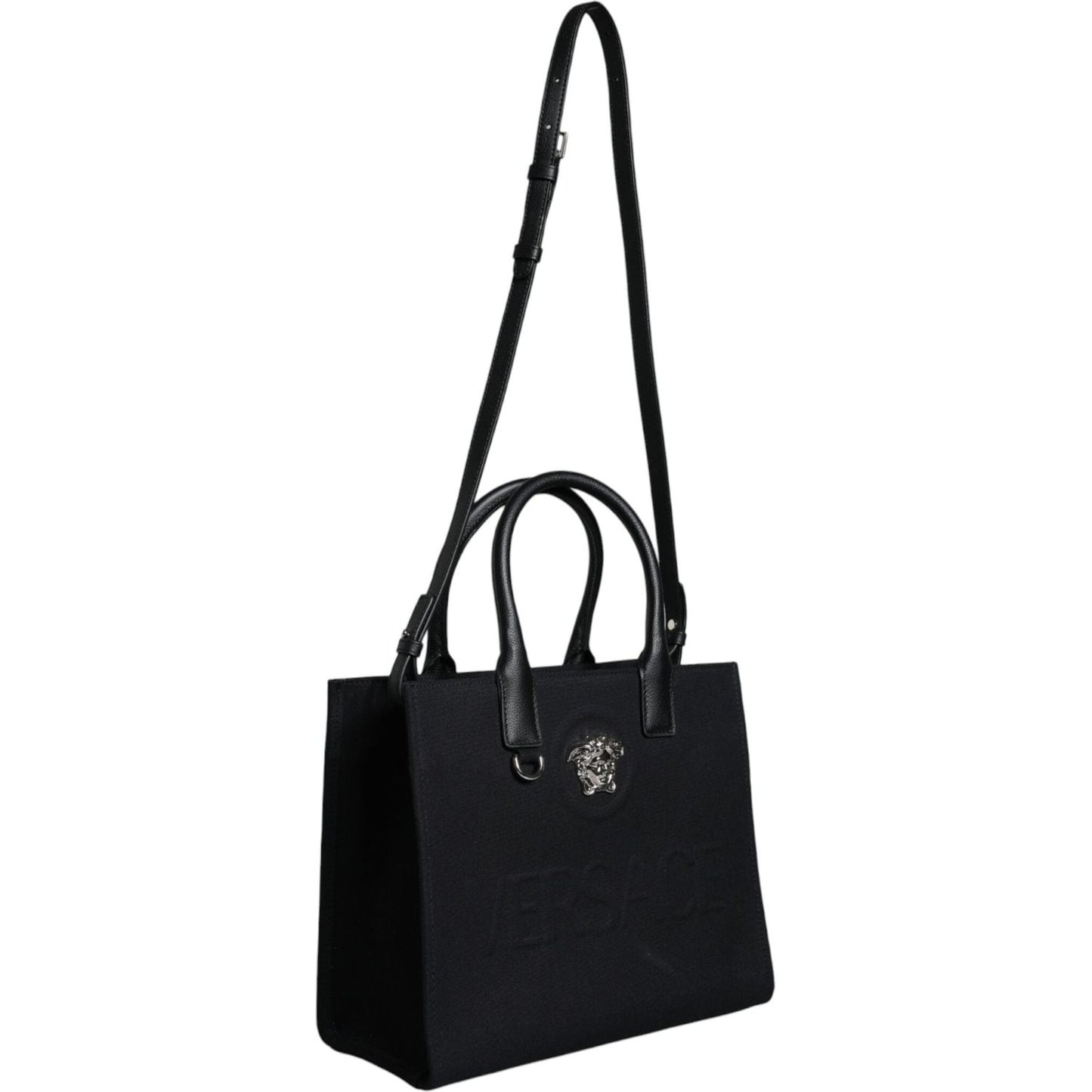 Versace Black Top Handle Canvas Leather Logo Crossbody Tote Bag Versace Black