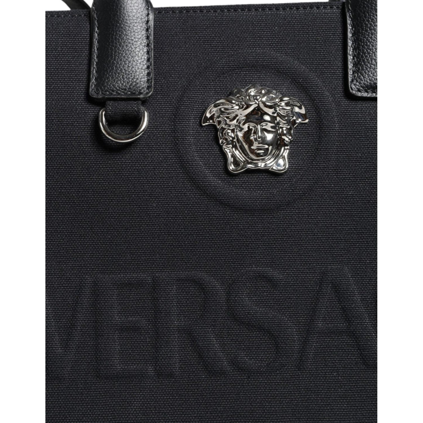 Versace Black Top Handle Canvas Leather Logo Crossbody Tote Bag Versace Dark Slate Gray
