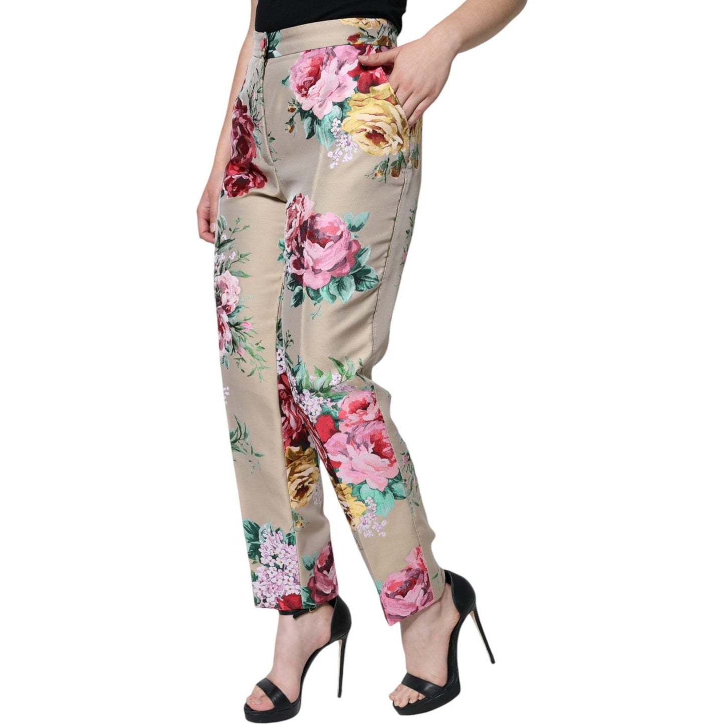 Dolce & Gabbana Beige Floral Jacquard High Waist Tapered Pants Dolce & Gabbana Rosy Brown