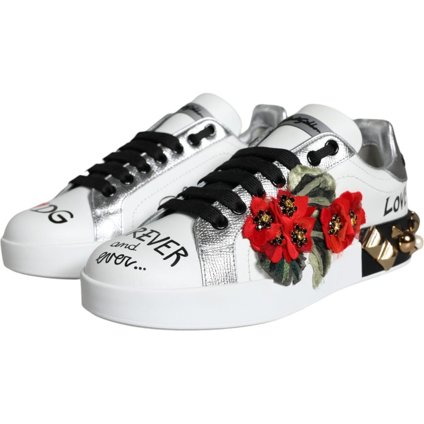 Dolce & Gabbana White Leather Floral Studded Sneakers Shoes Dolce & Gabbana Dark Slate Gray