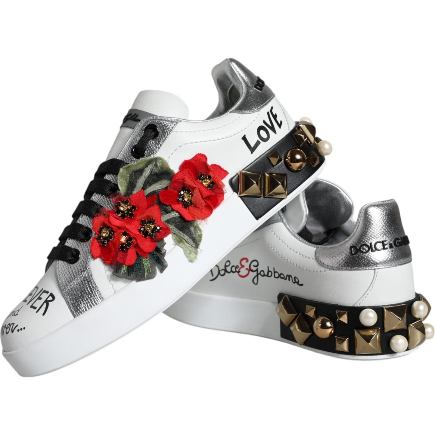 Dolce & Gabbana White Leather Floral Studded Sneakers Shoes Dolce & Gabbana Light Gray