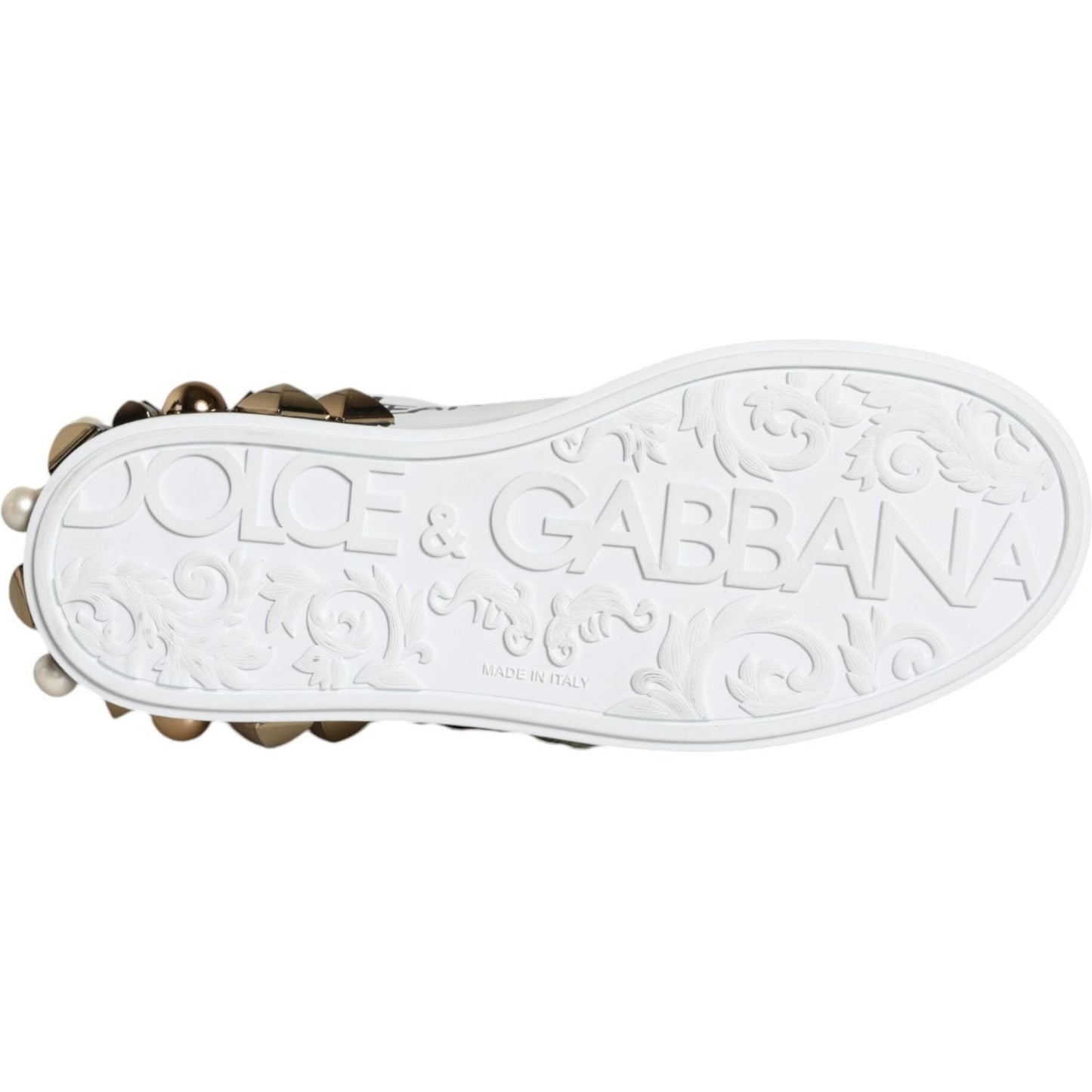 Dolce & Gabbana White Leather Floral Studded Sneakers Shoes Dolce & Gabbana Lavender