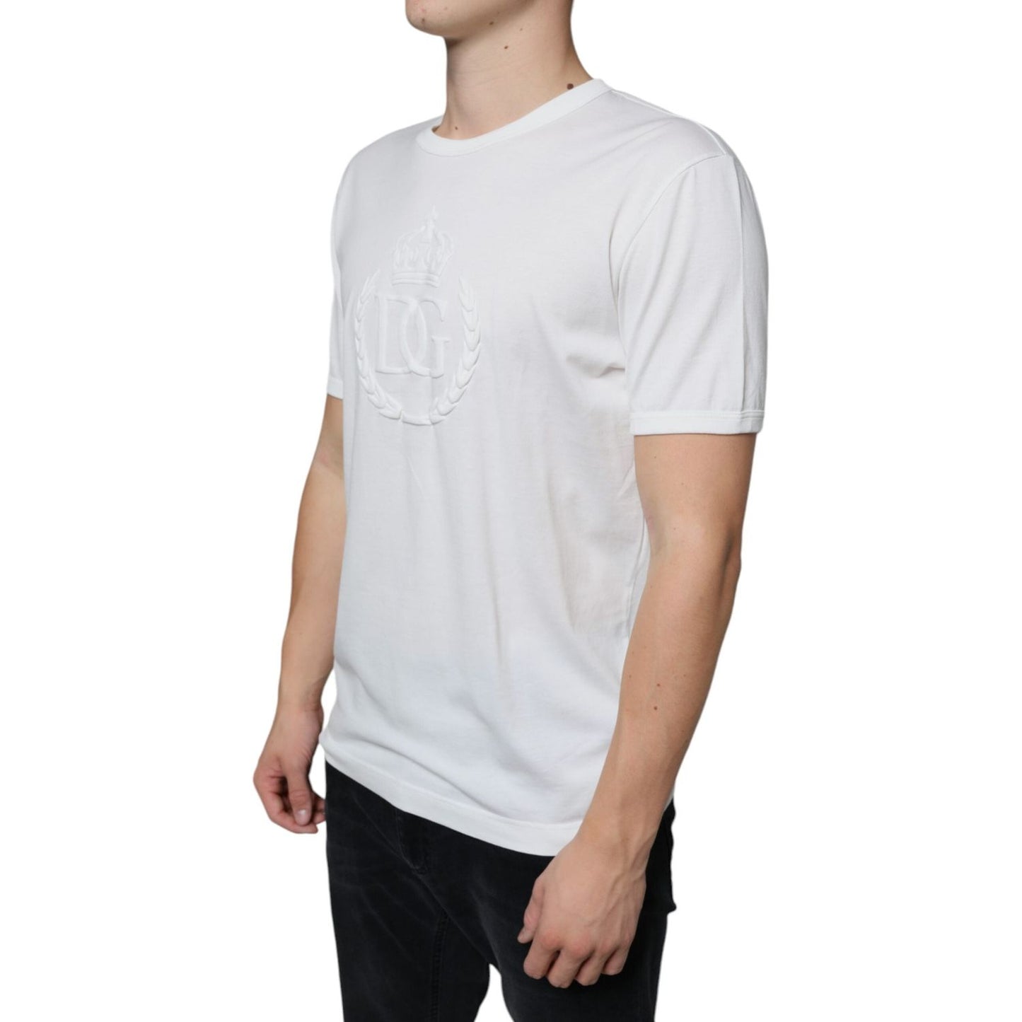 Dolce & Gabbana White Logo Embossed Cotton Crewneck T-shirt Dolce & Gabbana Light Gray