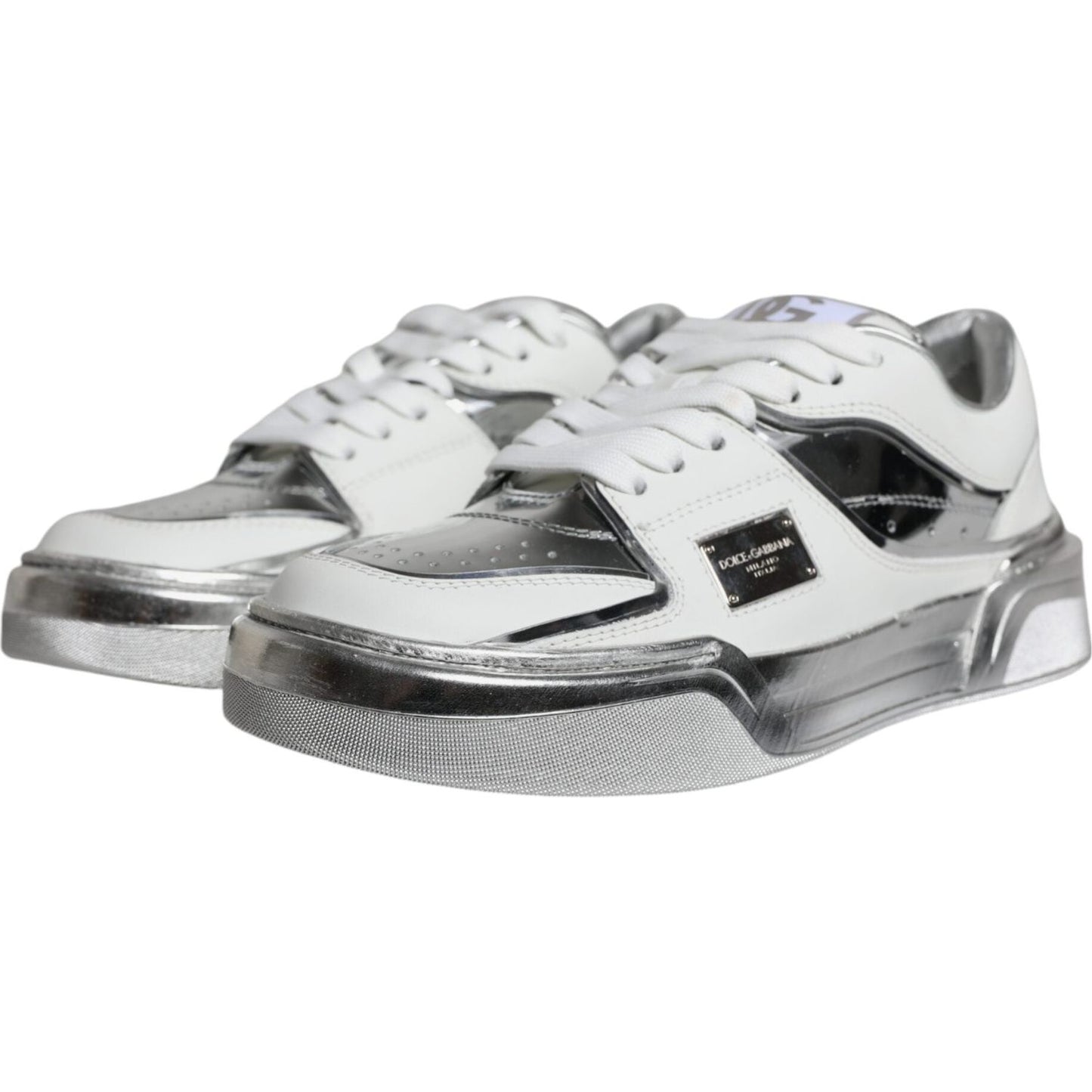 Dolce & Gabbana White Silver Leather Low Top Sneakers Shoes Dolce & Gabbana Light Gray