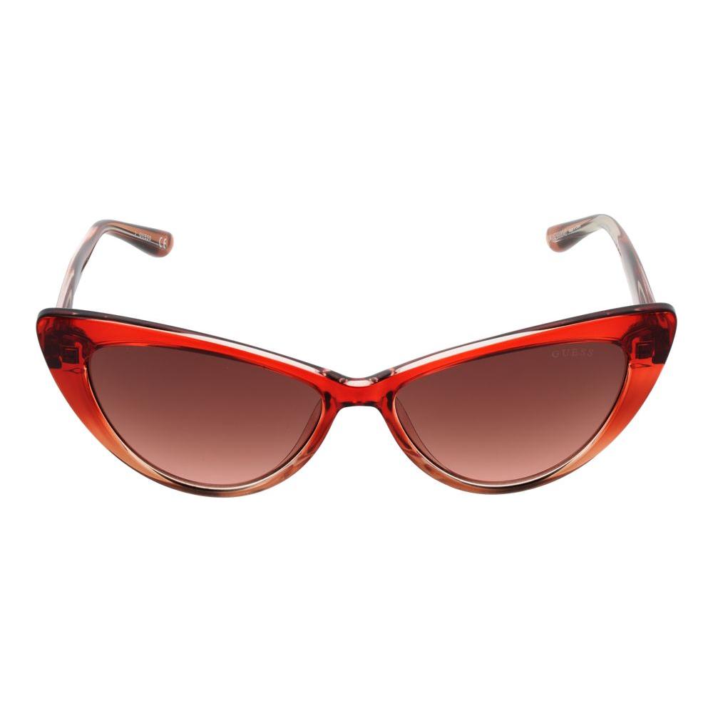 Guess burgundy women cat eye sunglasses with gradient red lenses and full-rim plastic frame for 100% UVA & UVB protection.