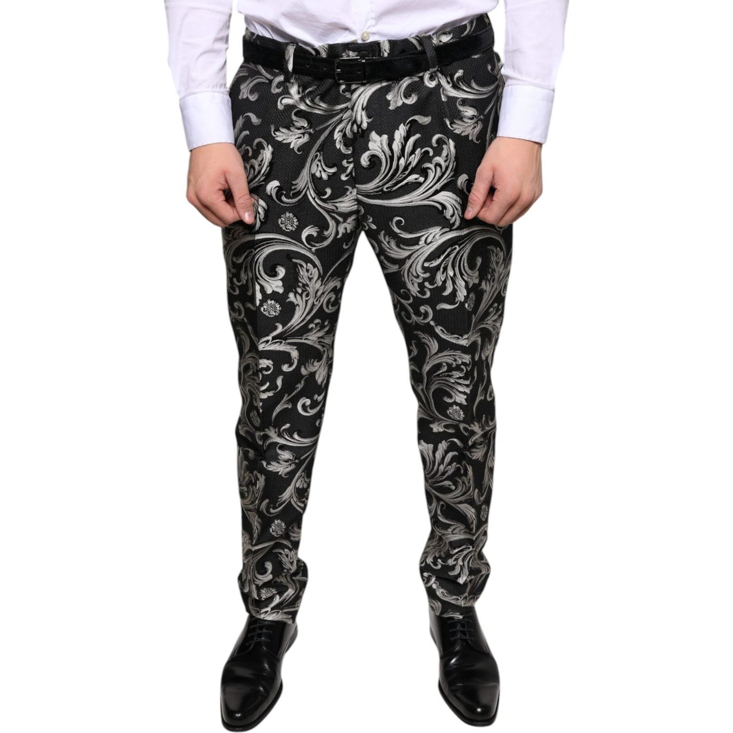 Dolce & Gabbana Black Jacquard Skinny Dress Pants Dolce & Gabbana Light Gray