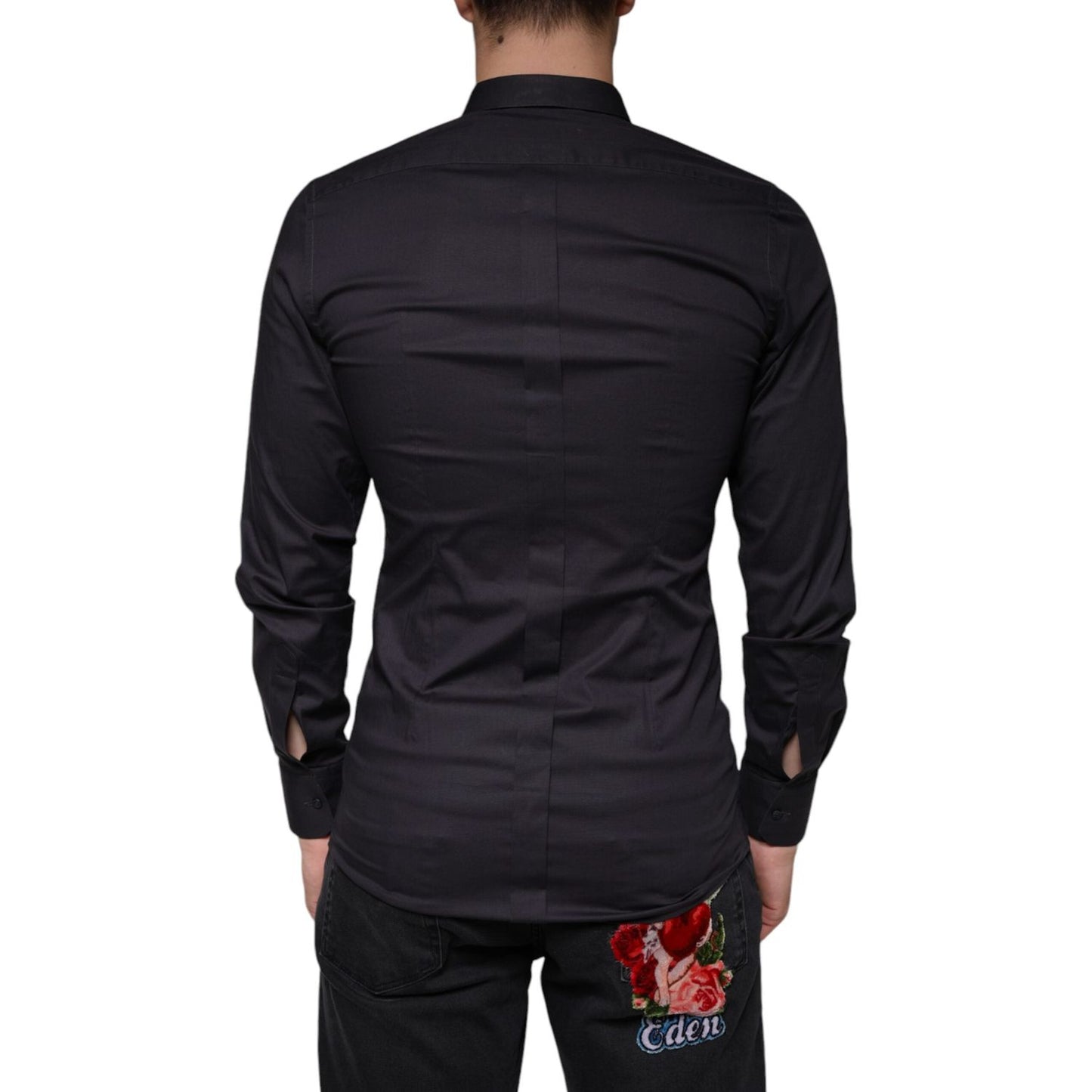 Dolce & Gabbana Black Cotton Stretch Dress GOLD Formal Shirt Dolce & Gabbana Black