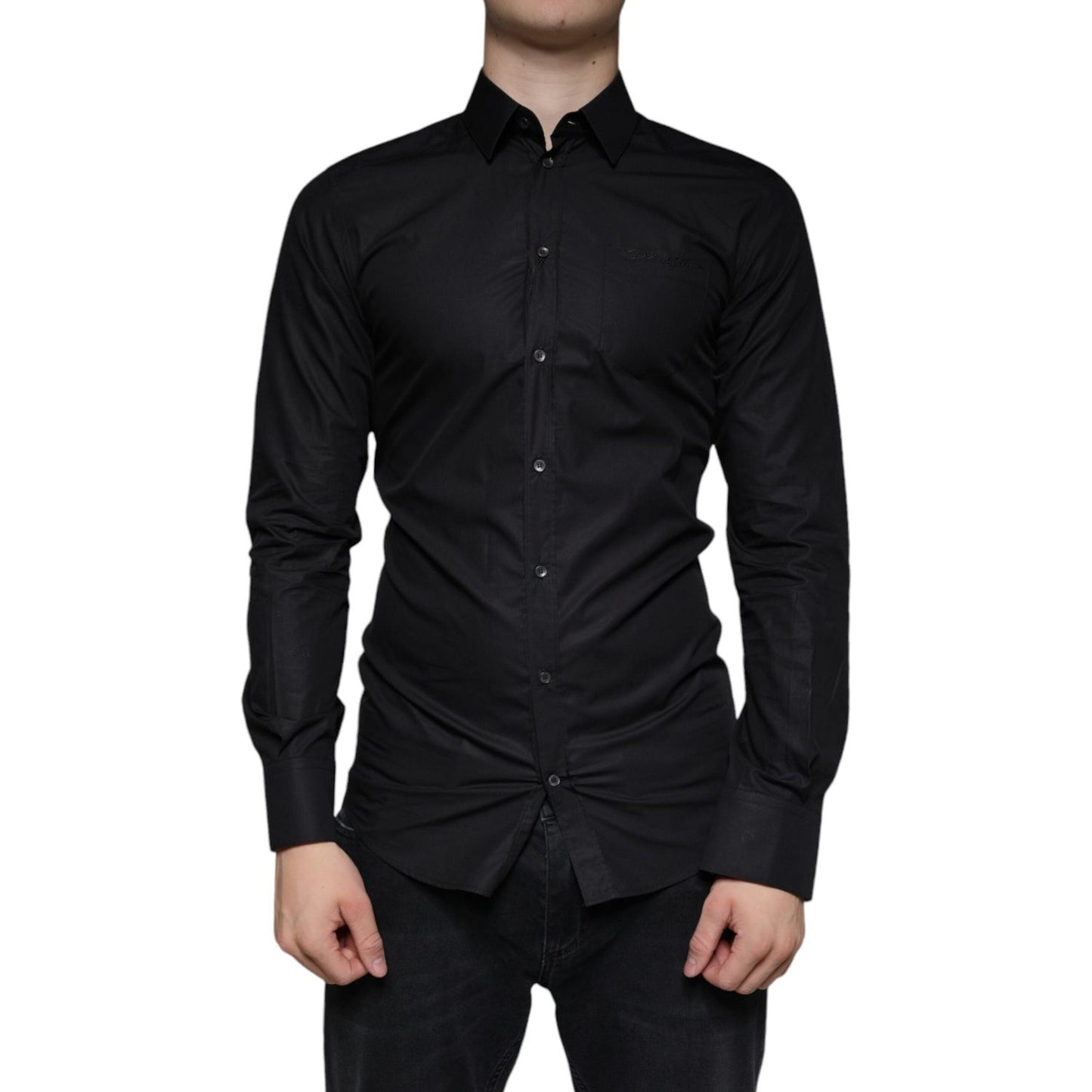Dolce & Gabbana Black Cotton Stretch Dress GOLD Formal Shirt Dolce & Gabbana Black