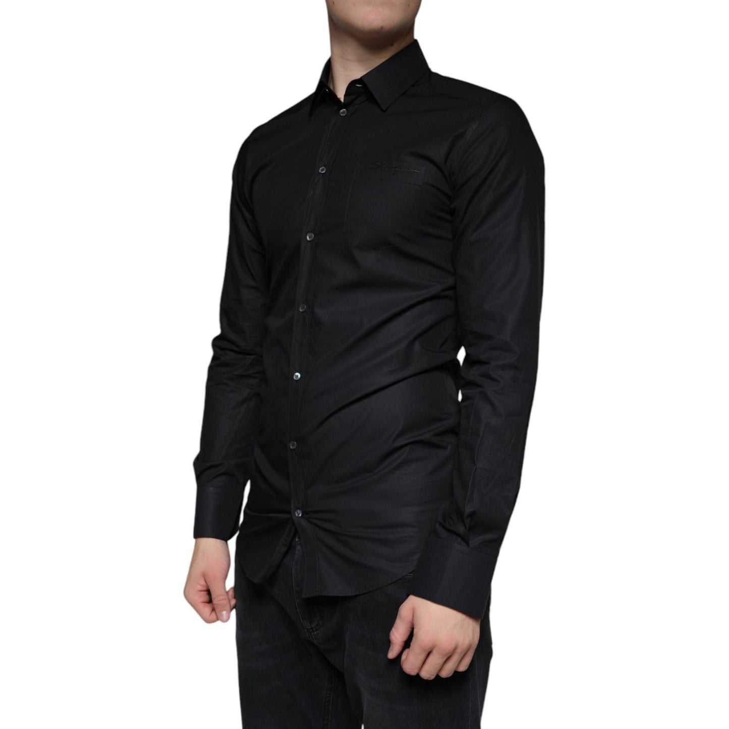Dolce & Gabbana Black Cotton Stretch Dress GOLD Formal Shirt Dolce & Gabbana Black