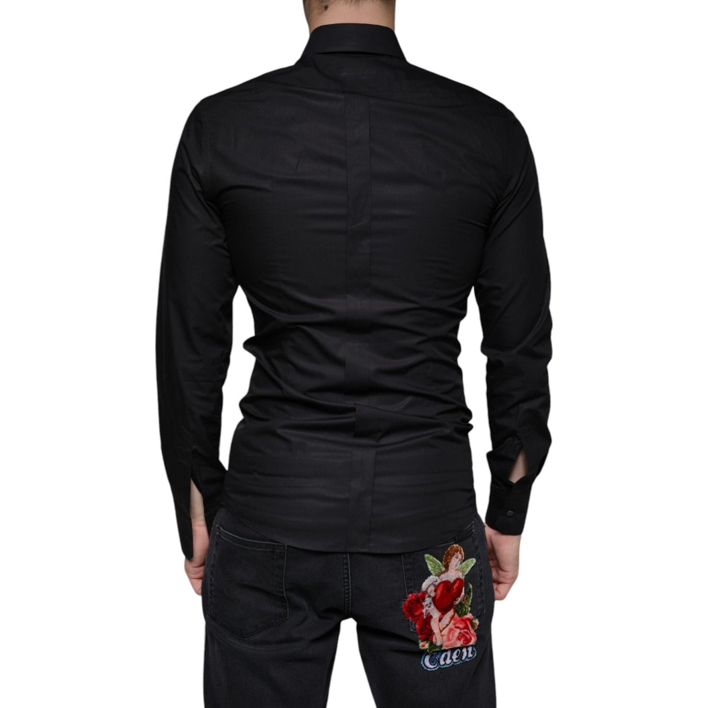 Dolce & Gabbana Black Cotton Stretch Dress GOLD Formal Shirt Dolce & Gabbana Black