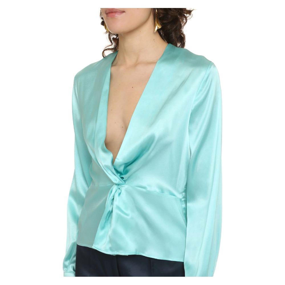 PINKO Green Silk Women Blouse with Deep V-Neck Detail PINKO Light Blue