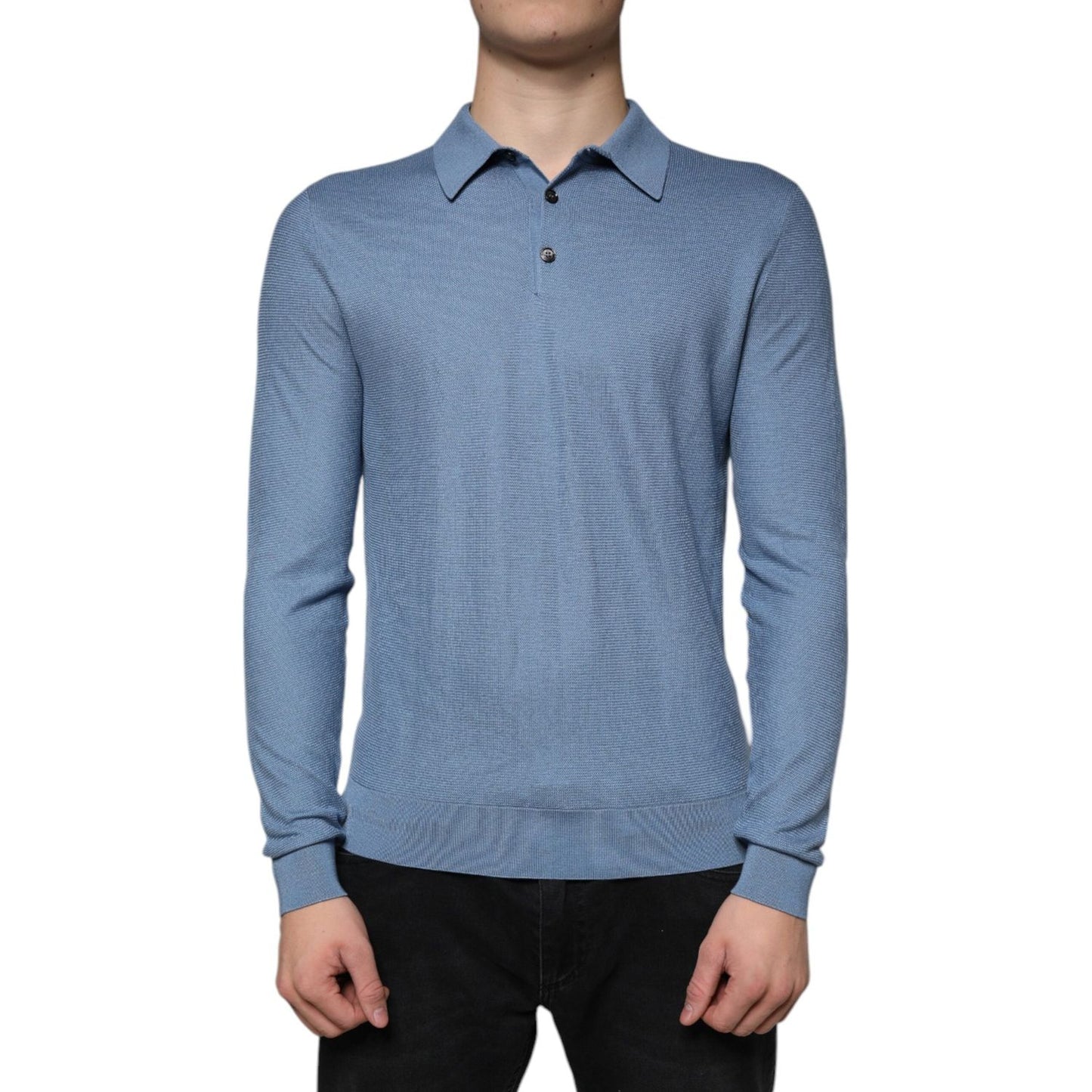 Dolce & Gabbana Sky Blue Silk Collared Men Pullover Sweater Dolce & Gabbana Light Slate Gray