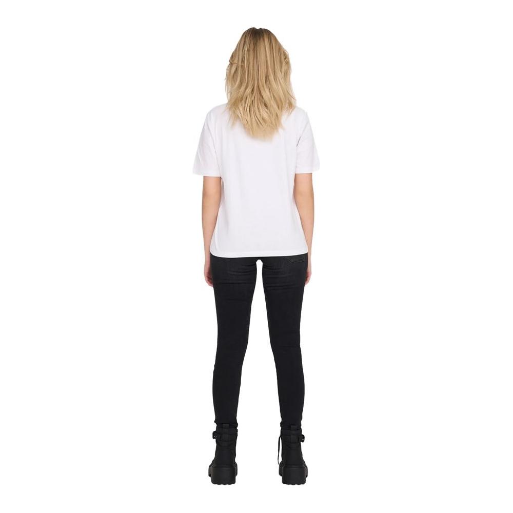 Back view of woman wearing white cotton t-shirt from spring/summer collection with black pants