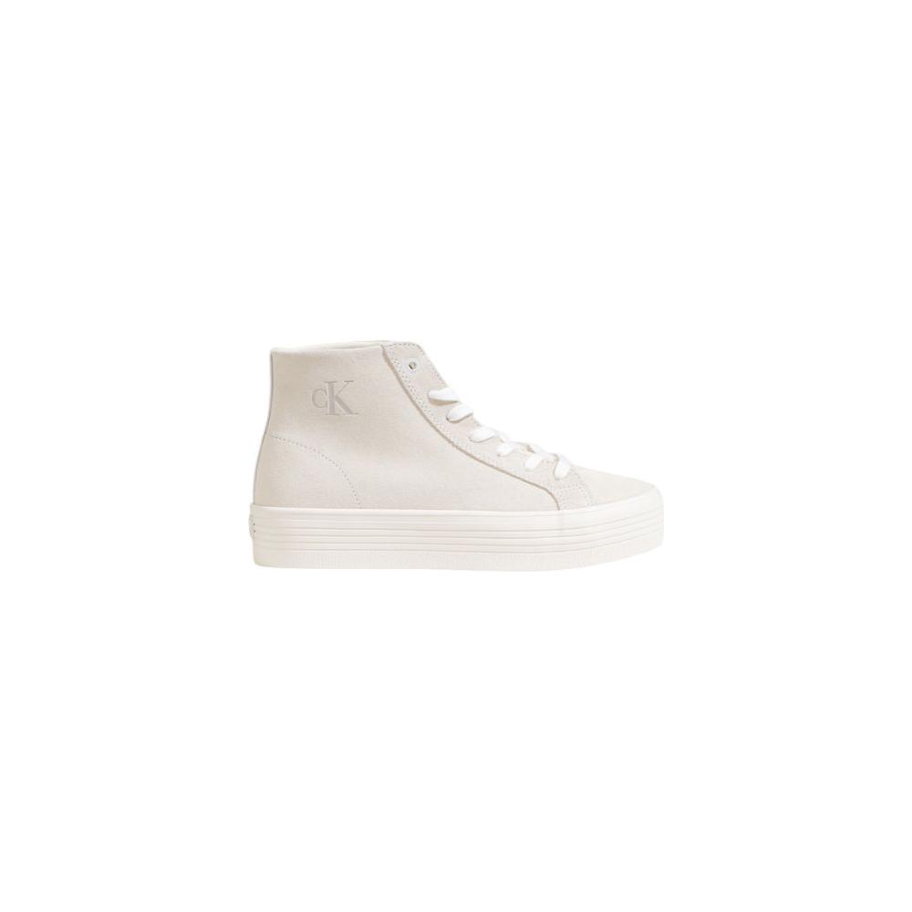 Side view of Calvin Klein women's beige suede leather sneaker, fall/winter collection, featuring high-top design and CK logo.