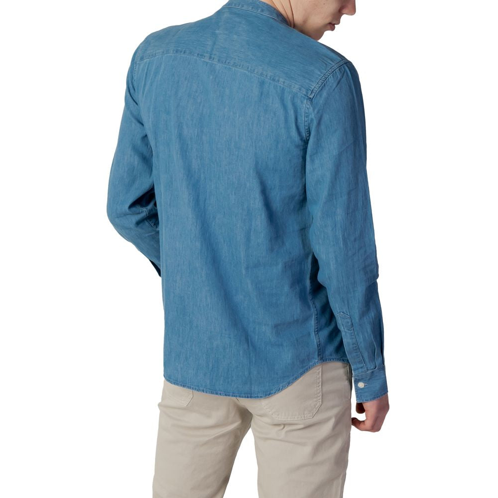 Back view of a Peuterey blue men's 100% cotton long sleeve shirt from the spring/summer collection.