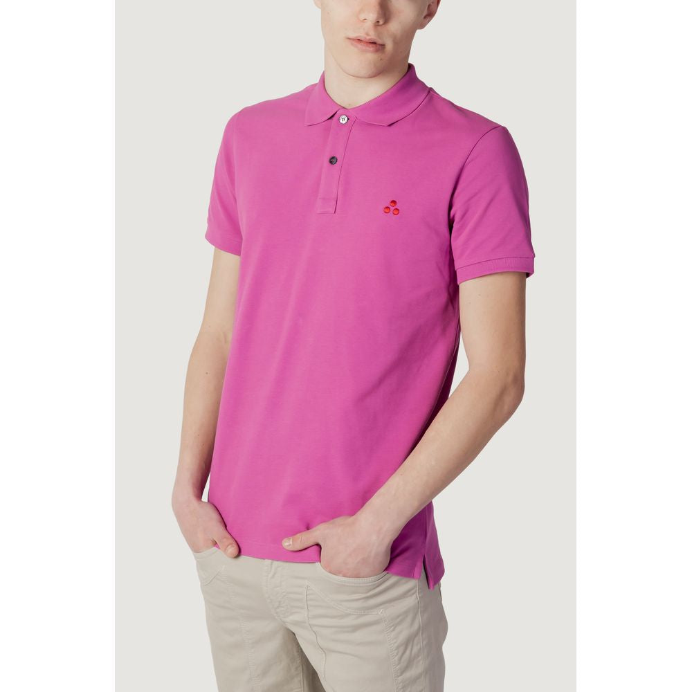 Peuterey pink cotton polo shirt for men, short sleeve, spring/summer collection, model wearing with hands in pockets.