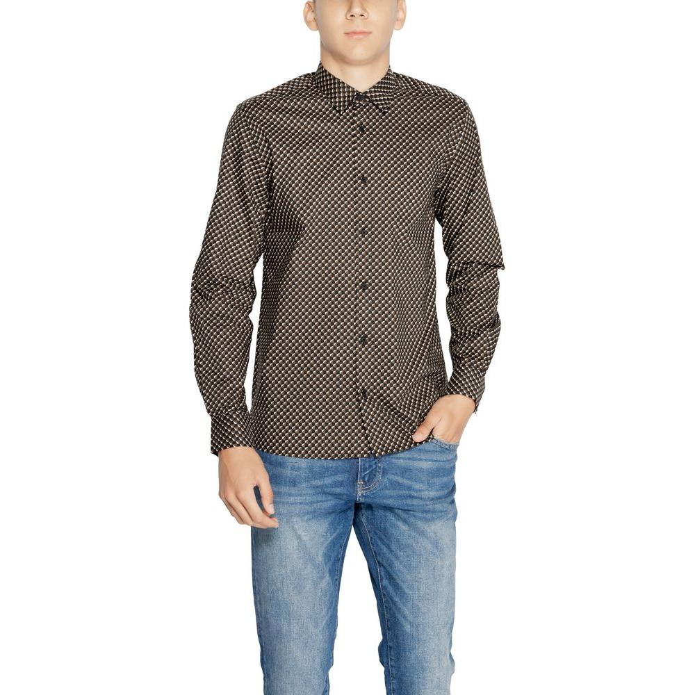 Antony Morato brown cotton shirt with geometric pattern for men, part of fall/winter collection, 100% cotton.