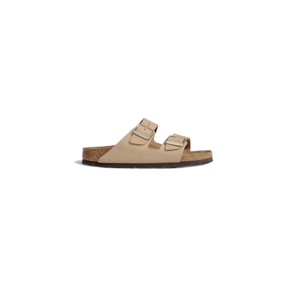 Birkenstock beige nubuck leather sandal for women, fall/winter collection, featuring two straps and a cork sole.