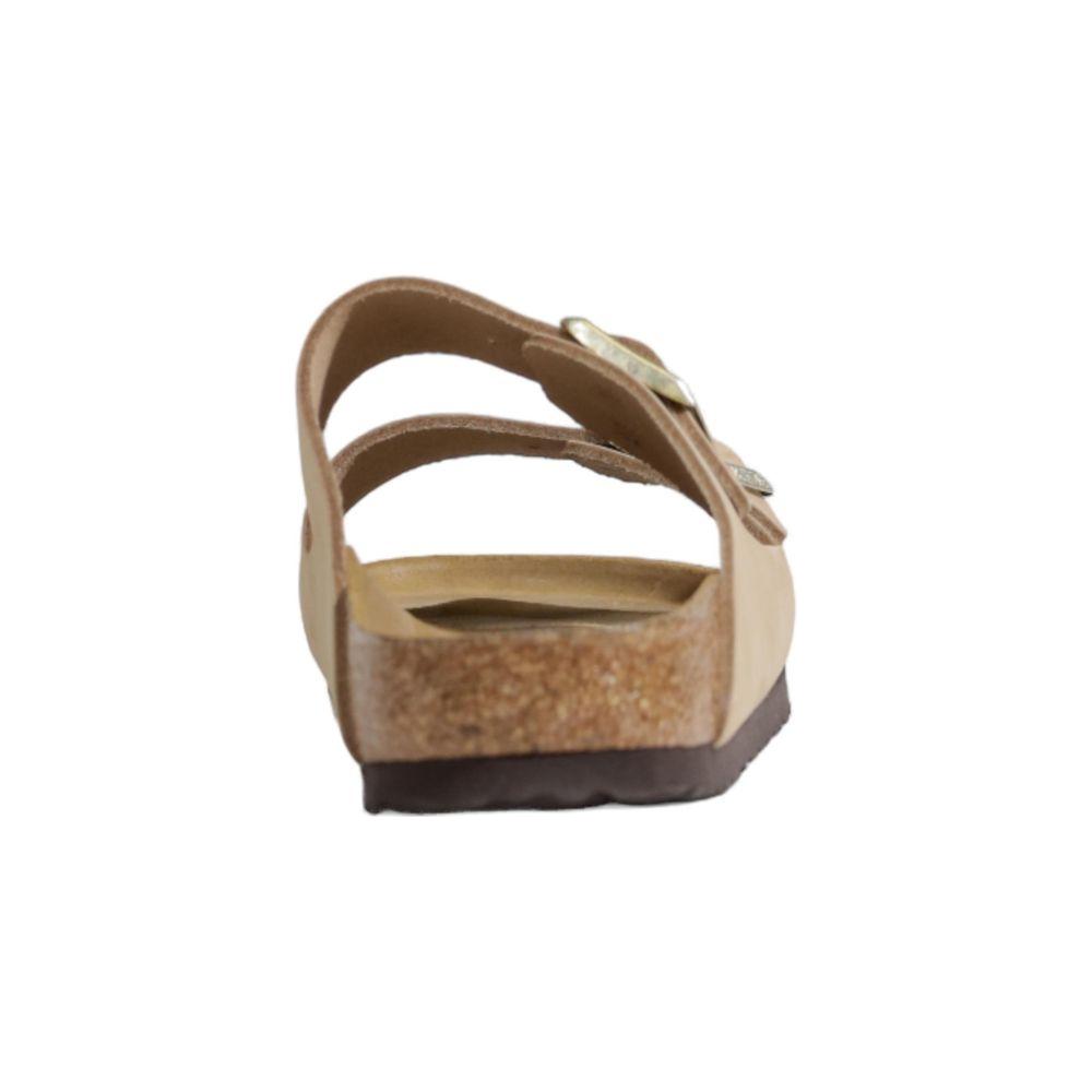 Rear view of Birkenstock beige nubuck leather sandal, women's fall/winter collection, showcasing 100% nubuck leather composition.