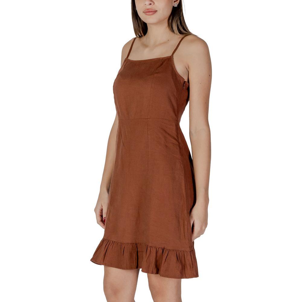B.Young brown linen dress, perfect for spring and summer, featuring 52% linen and 48% viscose blend for women.