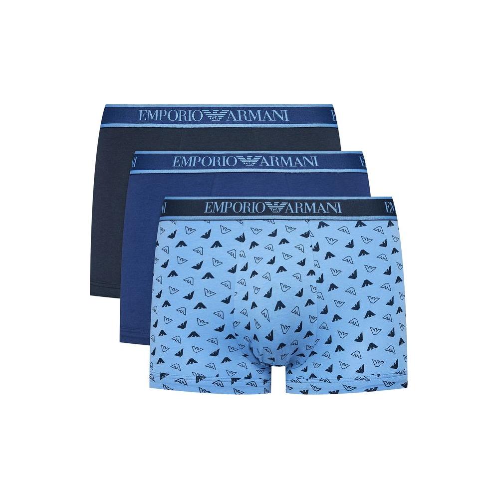 Emporio Armani men's blue 3-pack cotton trunks, featuring classic and modern designs for ultimate comfort.