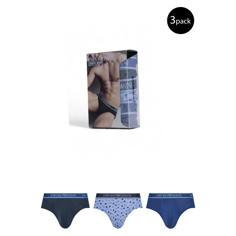 Emporio Armani Underwear blue cotton briefs 3-pack with logo, shown in various designs and packaging.