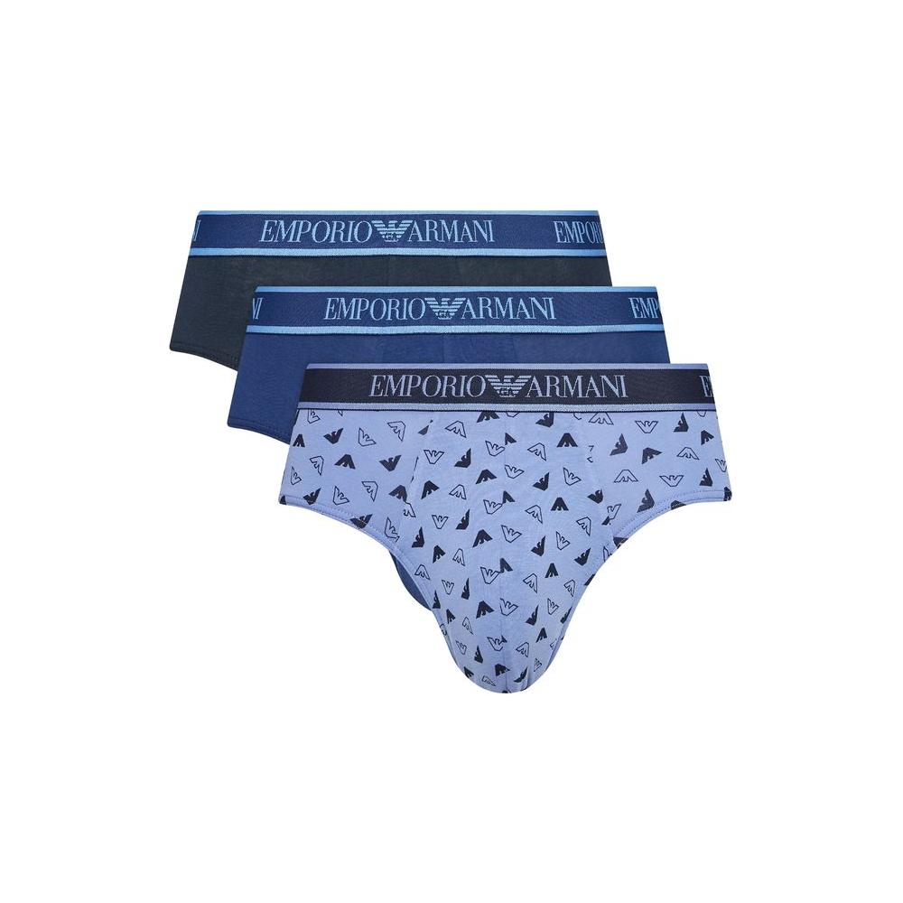 Emporio Armani men's blue cotton underwear set of 3 briefs with logo design for comfort and style.