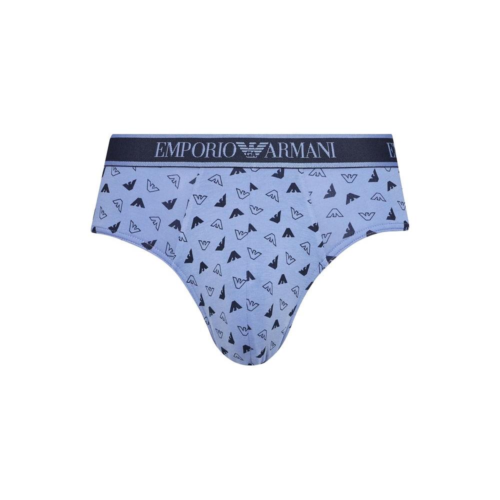 Emporio Armani blue cotton underwear with logo and printed pattern, men's brief, offers comfort and style, 3-piece set.