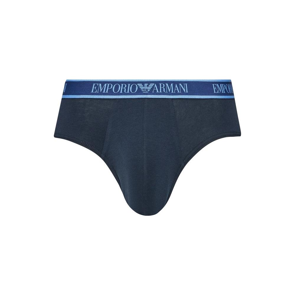 Emporio Armani men's blue cotton underwear with logo waistband, comfortable fit, 3-piece set.