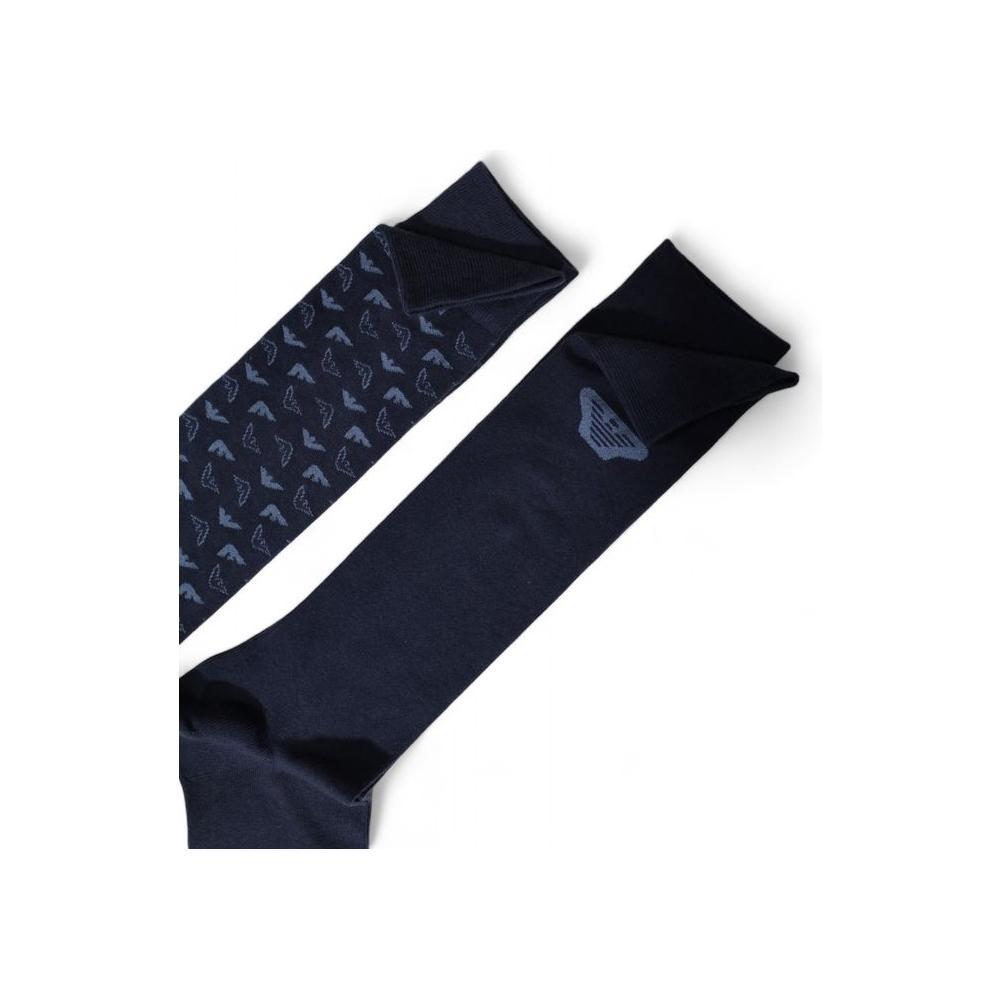 Emporio Armani blue cotton long socks for men, 2-pack, featuring iconic logo, offering comfort and style for any occasion.